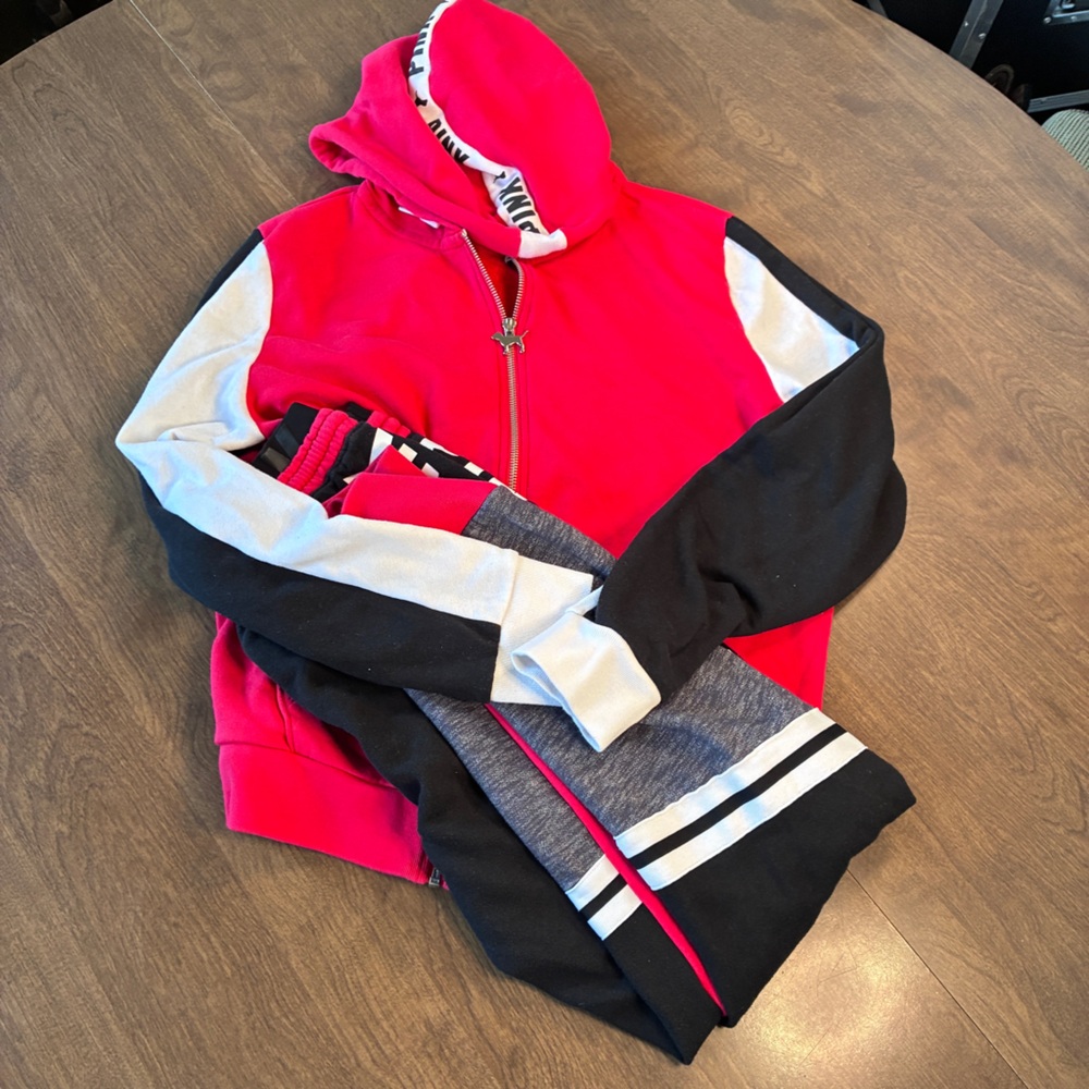 PINK Victoria's Secret Red white black  Jogger Tracksuit Set Hoodie & Sweatpants